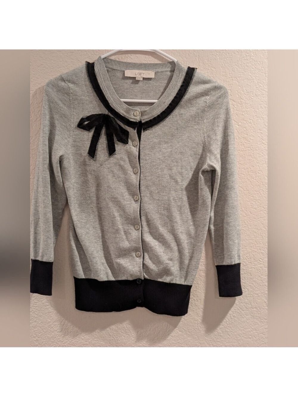 LOFT Women's Gray Cardigan with Black Trim 100% Pima Cotton,3/4 Sleeves Size XS - Picture 2 of 7
